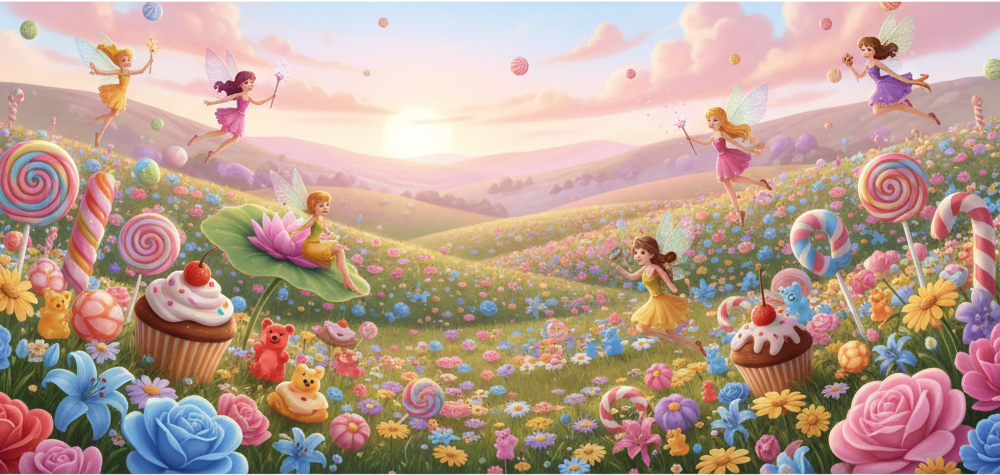 Des jeunes princesses dans un paysage coloré de fleurs et de douceurs sous un ciel ensoleillé.