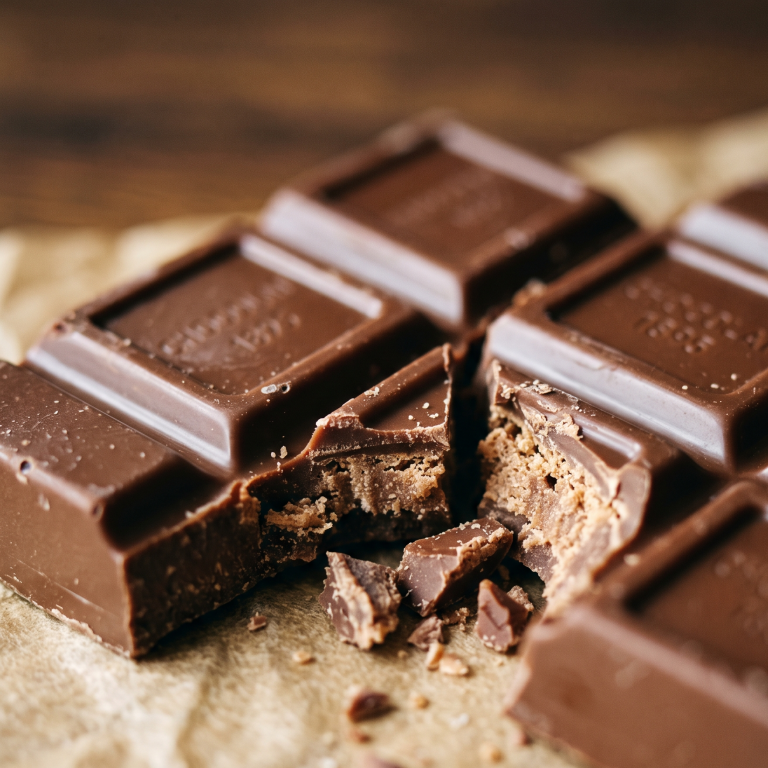Bonbons en chocolat avec une garniture crémeuse et croustillante, dont l'un est coupé.