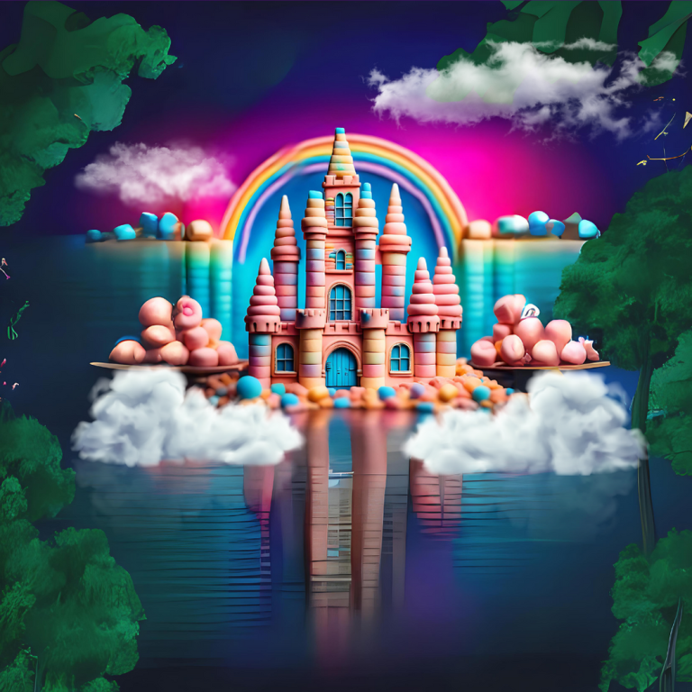 Château coloré avec arcs-en-ciel et nuages flotter au-dessus d'un lac paisible.