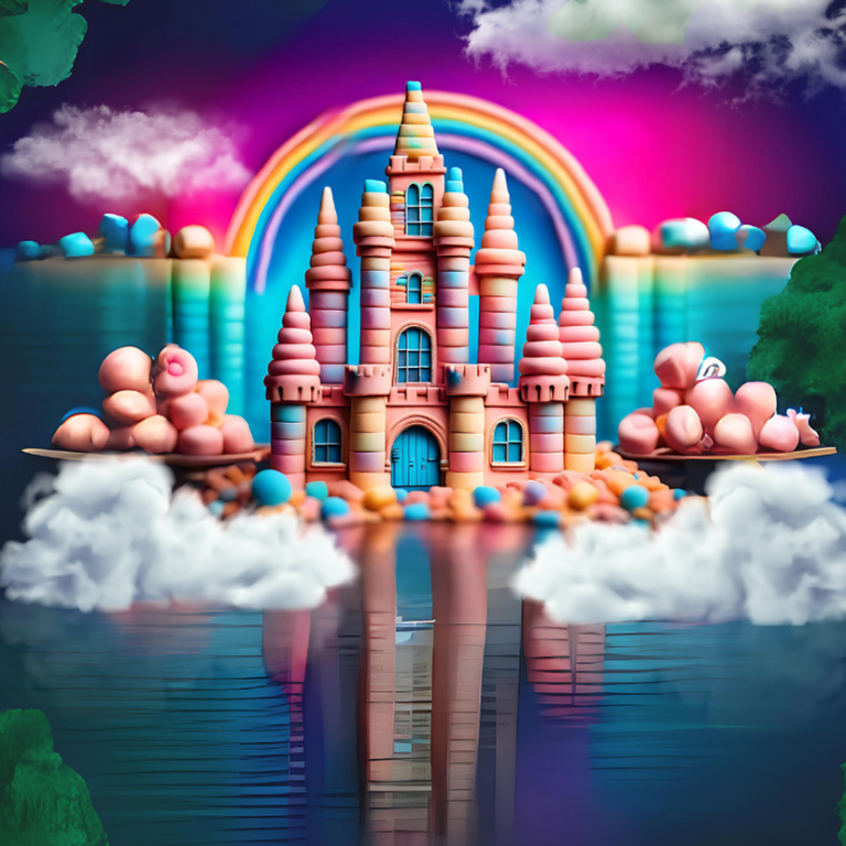 Château coloré avec arcs-en-ciel et nuages flotter au-dessus d'un lac paisible.